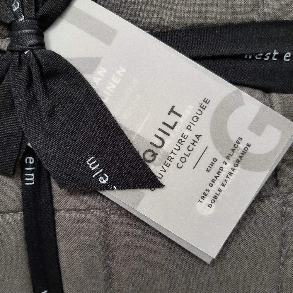 West Elm Belgian Flax Linen Frayed Edge King Quilt Slate
